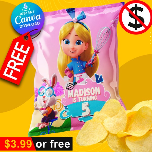 Alice Editable Chips Bag, Editable in Canva, Personalizable to make your party memorable, Wonderland Bakery, get it for free