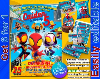 Spidey invitation & 5 FREE printable package birthday party decorations all designs ready to download instantly and editable on canva