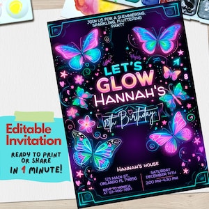 Modelo de convite de aniversário de borboleta | Convite editável Canva | Tema de festa de jardim de primavera | Festa de aniversário de menina para impressão, brilho neon