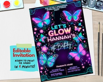 Neon Butterfly Birthday Invitation Template | Spring Garden Party (Editable Canva)