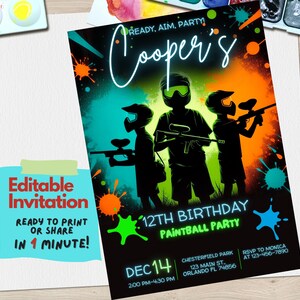 Paintball Birthday Invitation, Editable Digital Invitation Template, Party Invite for Kids, Instant Download, Boys Paintball Party Theme