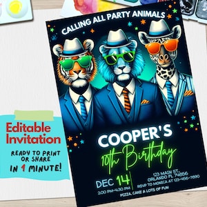 Party Tiere Geburtstagseinladung bearbeitbare Vorlage | Digitale Dschungeltier-Party einladen | Canva Design für Kindergeburtstag, Party wie Tier