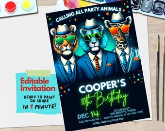 Party Animals Birthday Invitation Editable Template | Digital Jungle Animal Party Invite | Canva Design for Kids Birthday, Party like animal