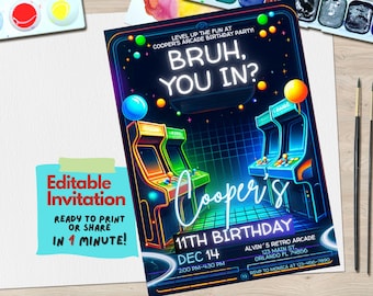 May include: A neon blue and green birthday party invitation with a retro arcade theme. The invitation features two arcade game cabinets with the text "Bruh, You In?" and "Cooper's 11th Birthday".