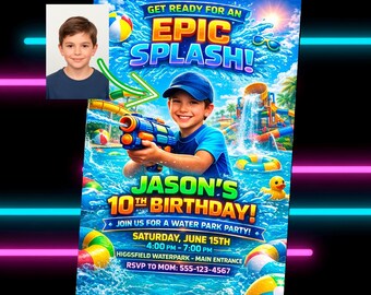 Waterpark Party Photo Invite | Summer Splash Birthday Invitation | Personalized Swim Pool Celebration Card