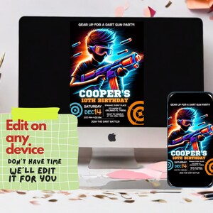 May include: A digital invitation for a 10th birthday party with a neon blue and orange color scheme. The invitation features a cartoon boy holding a toy gun and the text "Gear up for a dart gun party!" and "Cooper's 10th Birthday".