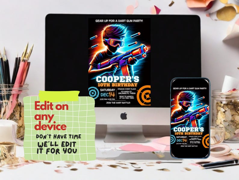 May include: A digital invitation for a 10th birthday party with a neon blue and orange color scheme. The invitation features a cartoon boy holding a toy gun and the text "Gear up for a dart gun party!" and "Cooper's 10th Birthday".