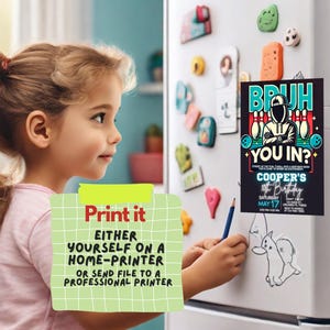 May include: A printable invitation for a birthday party with a bowling theme. The invitation features a cartoon character wearing a black and blue hoodie with a bowling ball and pins in the background. The text on the invitation reads "Bruh You In?" and "Cooper's 8th Birthday".