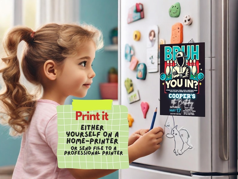 May include: A printable invitation for a birthday party with a bowling theme. The invitation features a cartoon character wearing a black and blue hoodie with a bowling ball and pins in the background. The text on the invitation reads "Bruh You In?" and "Cooper's 8th Birthday".