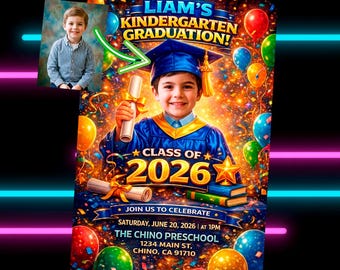 Personalized Kindergarten Graduation Invitation with Photo | Boys Graduation Party Invite | Custom Digital Photo | CLASS OF 2026