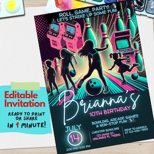 Bowling & Arcade Birthday Invitation | Editable Birthday Party Invite | Kids Birthday | Glow Bowling Arcade Party | Digital Download
