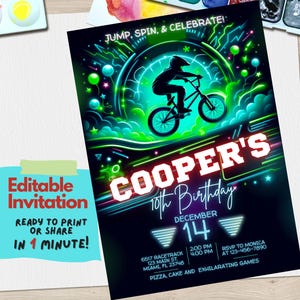 Faire-part d'anniversaire BMX modifiable sur Canva - Faire-part de fête de vélo BMX numérique pour enfants, parfait pour les sports extrêmes et les anniversaires sur le thème du vélo, carte