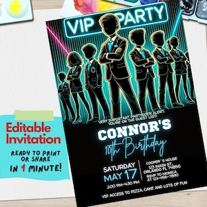 Exklusive VIP Party Einladung Vorlage | Bearbeitbare Canva Geburtstagseinladung | Luxus-Gold-VIP-Theme für Kinder, Neon-Geburtstagseinladung
