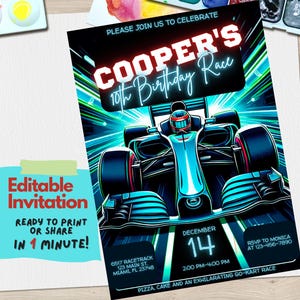 Faire-part d'anniversaire de course | Modèle de toile modifiable | Thème de la fête de course | Invitation anniversaire enfant imprimable, course de karting personnalisable