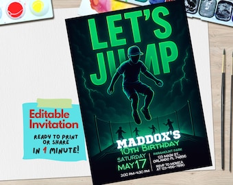 ¡A saltar! Invitación de cumpleaños para niños en el parque de trampolines / Plantilla editable de Canva / Fiesta inflable para niños / Descarga digital