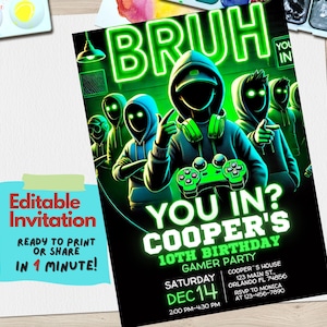 Convite de aniversário de jogador, BRUH YOU IN? Tema de festa de jogos, modelo editável do Canva, convite para festa de videogame para meninos, impressão digital