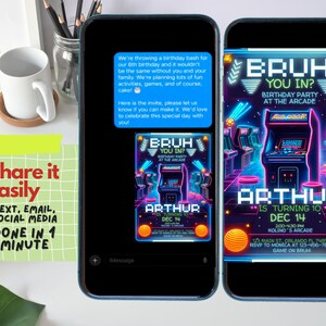 Puede incluir: Una invitaci&oacute;n digital para una fiesta de cumplea&ntilde;os con tem&aacute;tica de arcade. La invitaci&oacute;n presenta un gr&aacute;fico de color ne&oacute;n de gabinetes de juegos de arcade con el texto "Bruh You In?" y "Arthur cumple 10 a&ntilde;os".