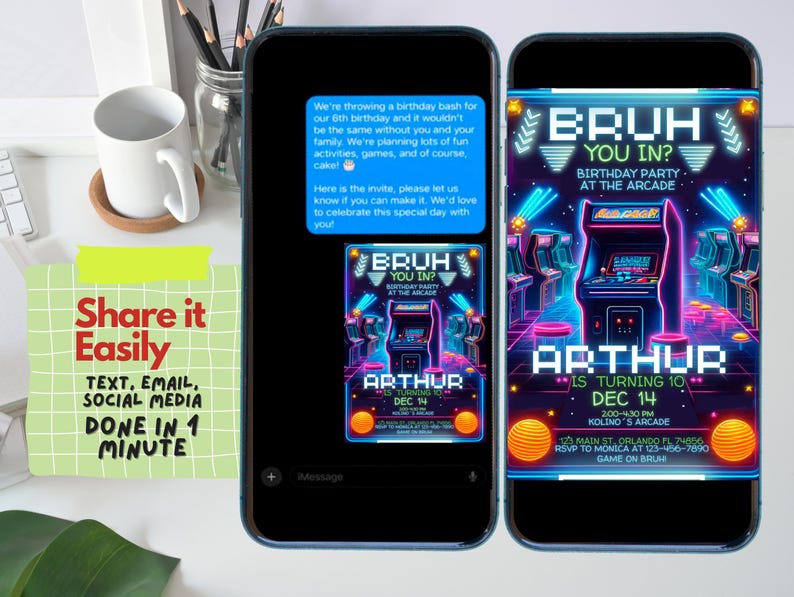 Puede incluir: Una invitaci&oacute;n digital para una fiesta de cumplea&ntilde;os con tem&aacute;tica de arcade. La invitaci&oacute;n presenta un gr&aacute;fico de color ne&oacute;n de gabinetes de juegos de arcade con el texto "Bruh You In?" y "Arthur cumple 10 a&ntilde;os".