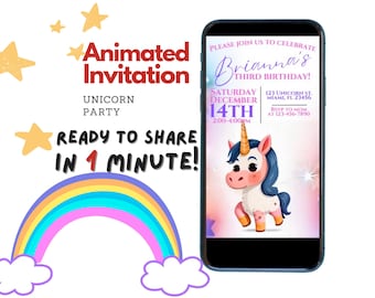 Unicorn Animated Birthday Video Invitation | Editable Canva Template