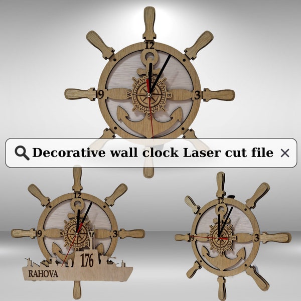 Decorative wall clock, Ships Wheel Nautical clock Cutting or Printing wall decor, SVG Bundle Vector drawing,  wooden clock