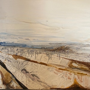 May include: Abstract painting on canvas with a landscape scene. The painting features a light blue sky with white clouds, a brown and tan foreground with a fence, and a distant view of a body of water. The painting is in a minimalist style with a focus on the natural world.