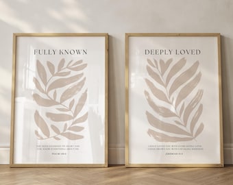 Minimal Scripture Art Set of 2 Neutral Christian Wall Art Bundle Neutral Bible Verse Botanical Art Fully Known and Deeply Loved Verse Art