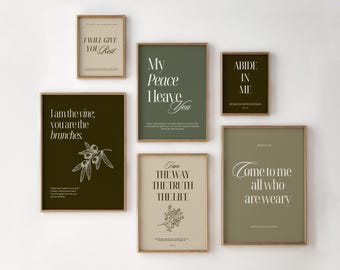 Set of 6 Christian Wall Art Prints Neutral Bible Verse Gallery Set Modern Scripture Printable Wall Decor Abide in Me I Am the Vine