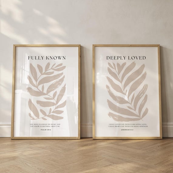 Minimal Scripture Art Set of 2 Neutral Christian Wall Art Bundle Neutral Bible Verse Botanical Art Fully Known and Deeply Loved Verse Art