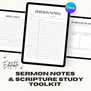 Puede incluir: Un kit de herramientas digital con plantillas editables para notas de sermones y estudio de las Escrituras. La imagen muestra tres tabletas que muestran plantillas con secciones para notas, aplicaciones y indicaciones de estudio. El texto "SERMON NOTES & SCRIPTURE STUDY TOOLKIT" está en la parte inferior.