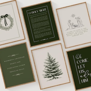 May include: A collection of framed art prints with a Christmas theme. The prints feature text, line drawings, and illustrations of a wreath, Christmas tree, and nativity scene. The color palette includes green, white, and beige.