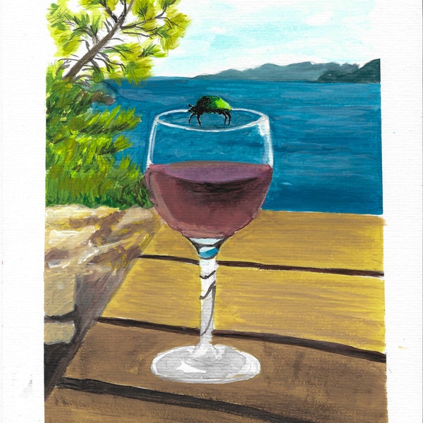 Peinture verre de vin , bord de mer, voyage en corse, art mural,aquarelle peinte a la main