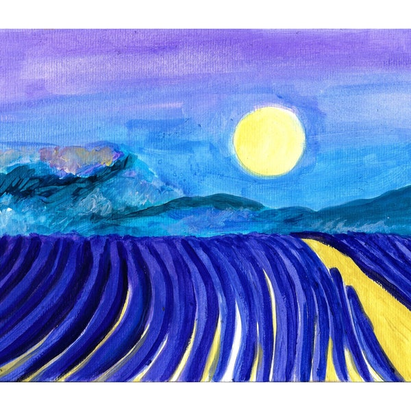 peinture lever de lune sur un champs de lavande en provence , valensole, luberon, aix en provence,