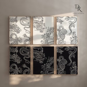 Dragon Print Wall Art| Digital Download Dragon Home Decor Set of 6, Chinese Dragon Printable Art, Mythological Wild Animal Print,