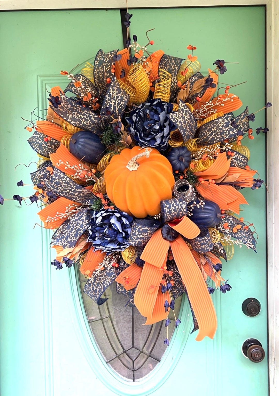 Large Fall Pumpkin Wreath With Navy and Orange Ribbons, Autumn Door ...