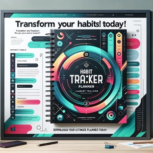 Puede incluir: Un planificador blanco y negro con un diseño circular de colores en la portada. El planificador se titula "Habit Tra:ker Planner" y tiene el texto "¡Descarga tu planificador definitivo hoy!" en la parte inferior.