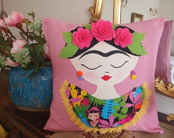 New Frida Pillow,Pillowcase,Personalized Gift,Soft Pink Pillow,Handmade,Handcrafted,Fabric Painting,For Friends,For Kids,For Living Room