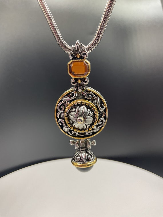 Elegant Vintage Filigree Pendant with Amber-Hued … - image 3