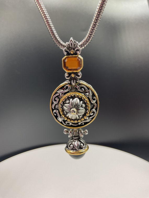 Elegant Vintage Filigree Pendant with Amber-Hued … - image 1