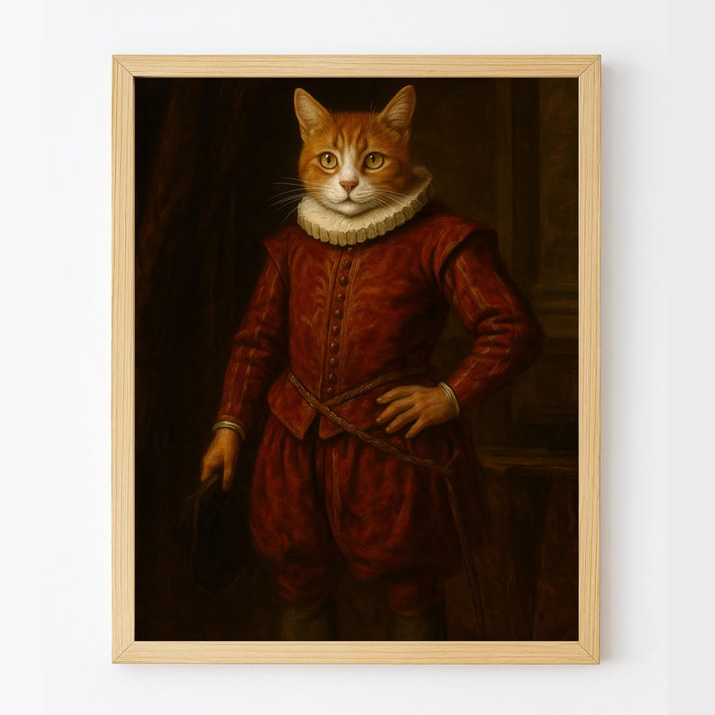 Puede incluir: Retrato enmarcado de un gato con pelaje naranja y blanco, vestido con un atuendo rojo de estilo renacentista. El gato lleva un cuello blanco con volantes y sostiene un sombrero negro. La obra est&aacute; ambientada sobre un fondo oscuro.