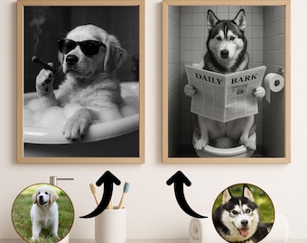 Retrato personalizado de mascota en el baño, perro leyendo el periódico en el baño, arte divertido de mascota en el baño, mascota en la bañera, póster digital de mascota, mamá de perro