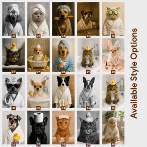 May include: A collage of 20 images featuring animals, including dogs and cats, in spa-like settings. The animals are wearing bathrobes, towels, and accessories like sunglasses and cucumber slices. The text "Available Style Options" is on the right.