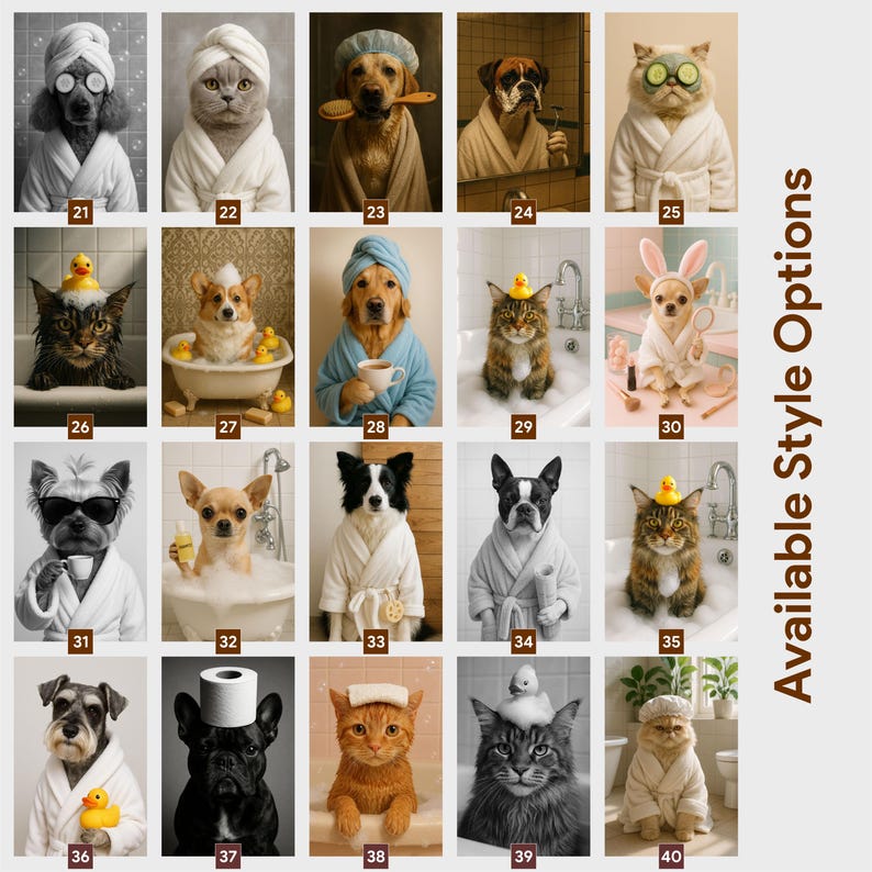 May include: A collage of 20 images featuring animals, including dogs and cats, in spa-like settings. The animals are wearing bathrobes, towels, and accessories like sunglasses and cucumber slices. The text "Available Style Options" is on the right.