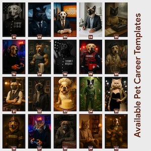 May include: A collection of 20 digital art prints featuring anthropomorphic animals in various professions. The images include a dog in a military uniform, a cat as a business professional, and a dog as a paramedic. Text on the images includes "GOOD MORNING WOOF!" and "LIVE".