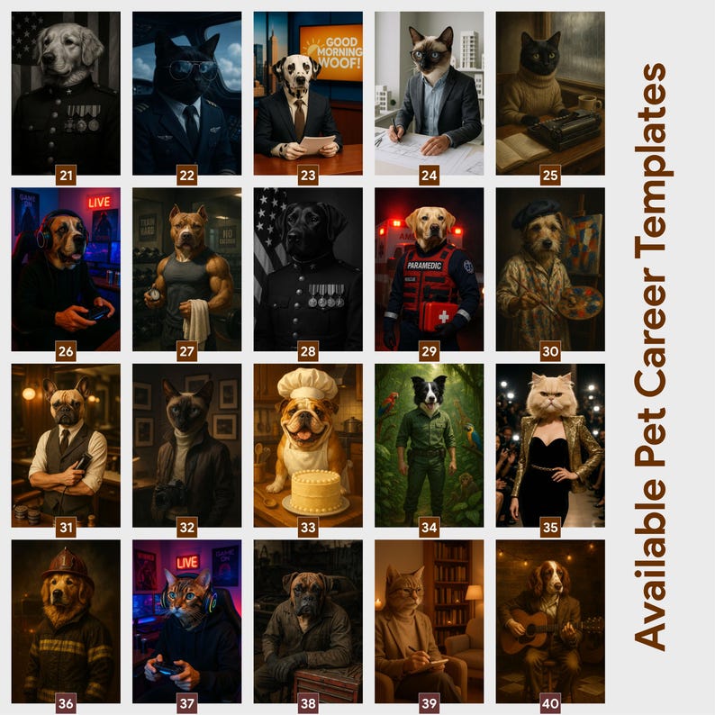 May include: A collection of 20 digital art prints featuring anthropomorphic animals in various professions. The images include a dog in a military uniform, a cat as a business professional, and a dog as a paramedic. Text on the images includes "GOOD MORNING WOOF!" and "LIVE".