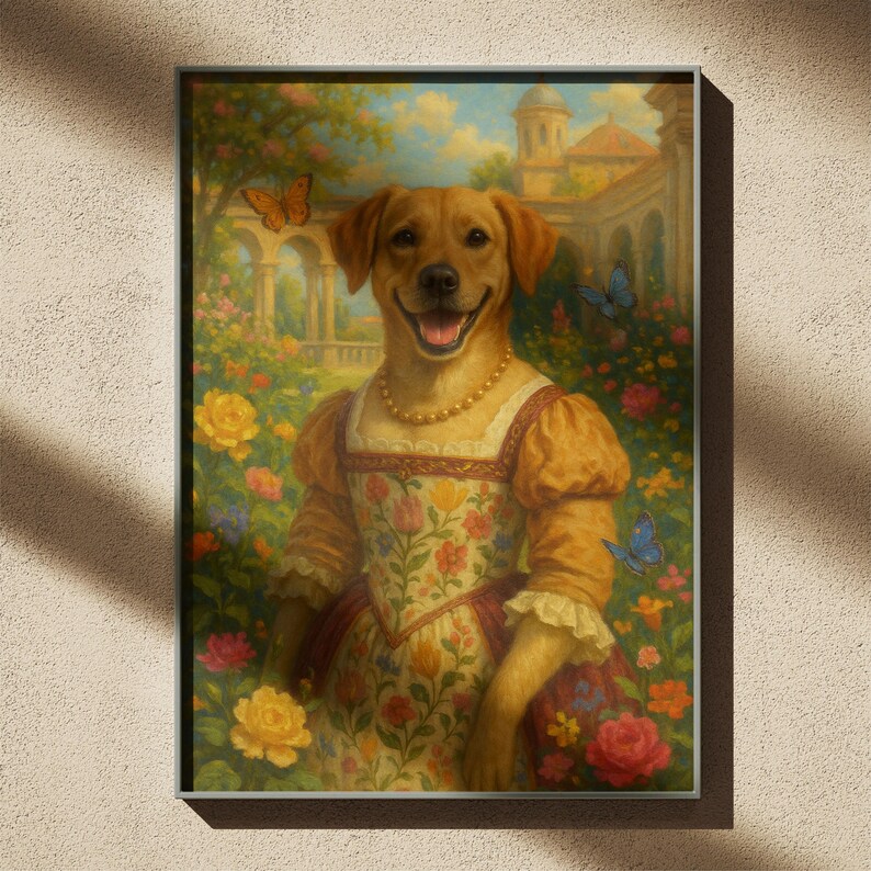 Puede incluir: Impresi&oacute;n art&iacute;stica enmarcada que presenta un golden retriever sonriente con un vestido renacentista y un collar de perlas. El perro est&aacute; en un jard&iacute;n colorido con mariposas y un edificio cl&aacute;sico.