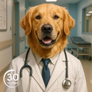May include: A golden retriever dog wearing a white lab coat, a blue tie, and a stethoscope. The dog is smiling with its mouth open. The text "30 HOURS" is in a white circle in the lower left corner.