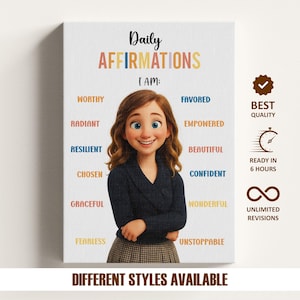 Pu&ograve; includere: Una stampa su tela con il testo "Daily Affirmations" e "I AM:" seguito da affermazioni positive. L'immagine presenta una donna dei cartoni animati con i capelli castani e un maglione blu navy. Il testo aggiuntivo include "Diversi stili disponibili."