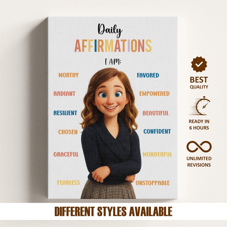 Pu&ograve; includere: Una stampa su tela con il testo "Daily Affirmations" e "I AM:" seguito da affermazioni positive. L'immagine presenta una donna dei cartoni animati con i capelli castani e un maglione blu navy. Il testo aggiuntivo include "Diversi stili disponibili."