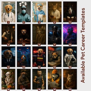 May include: A collage of 20 images featuring animals in various professions. A golden retriever as a doctor, a cat as a scientist, and a dog as a police officer are among the images. Text on the right says "Available Pet Career Templates."