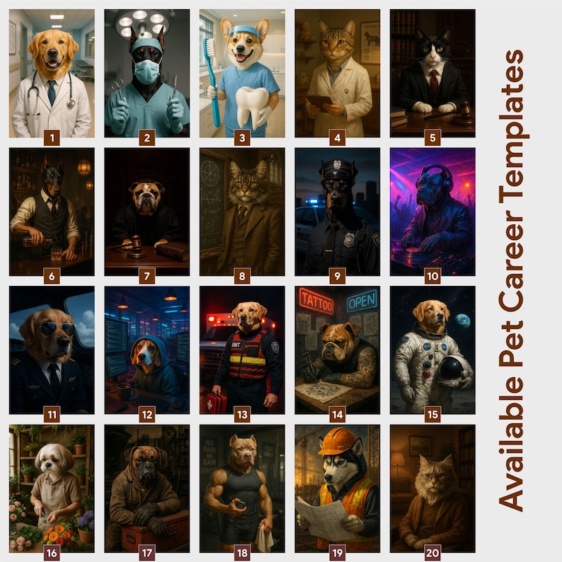 May include: A collage of 20 images featuring animals in various professions. A golden retriever as a doctor, a cat as a scientist, and a dog as a police officer are among the images. Text on the right says "Available Pet Career Templates."